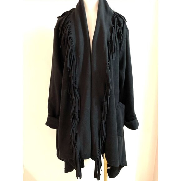 Woman Within Fringed Shawl Collar Fleece Jacket Plus Size 1X Black Oversized - Picture 1 of 10